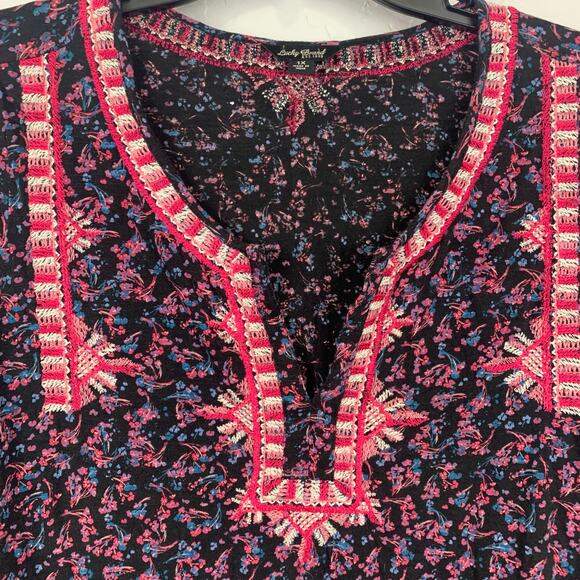 Lucky Brand Embroidered Boho Top Womens Size 1X in Black Pink 3/4 Sleeve Blouse - Picture 3 of 8